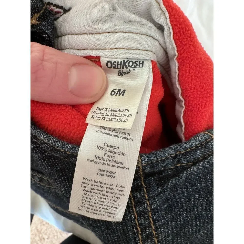 OshKosh B'gosh Fleece Lined Denim Bib Long Overalls Size 6 M Classic Blue Red